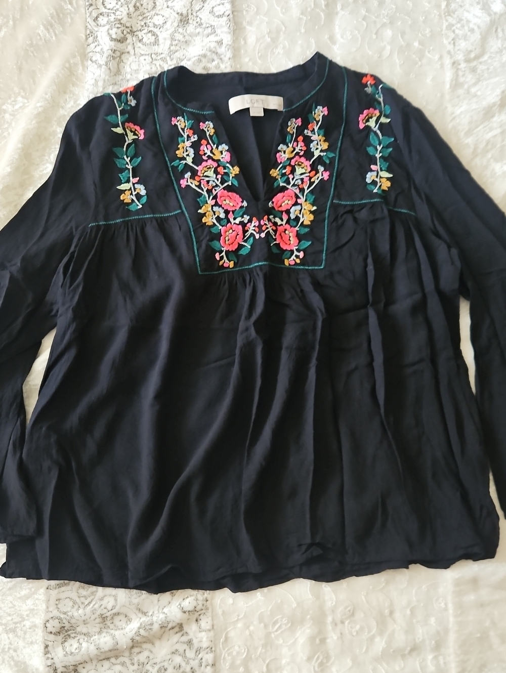 LOFT Navy Long-Sleeve Tunic with Pink & Yellow Floral Embroidery